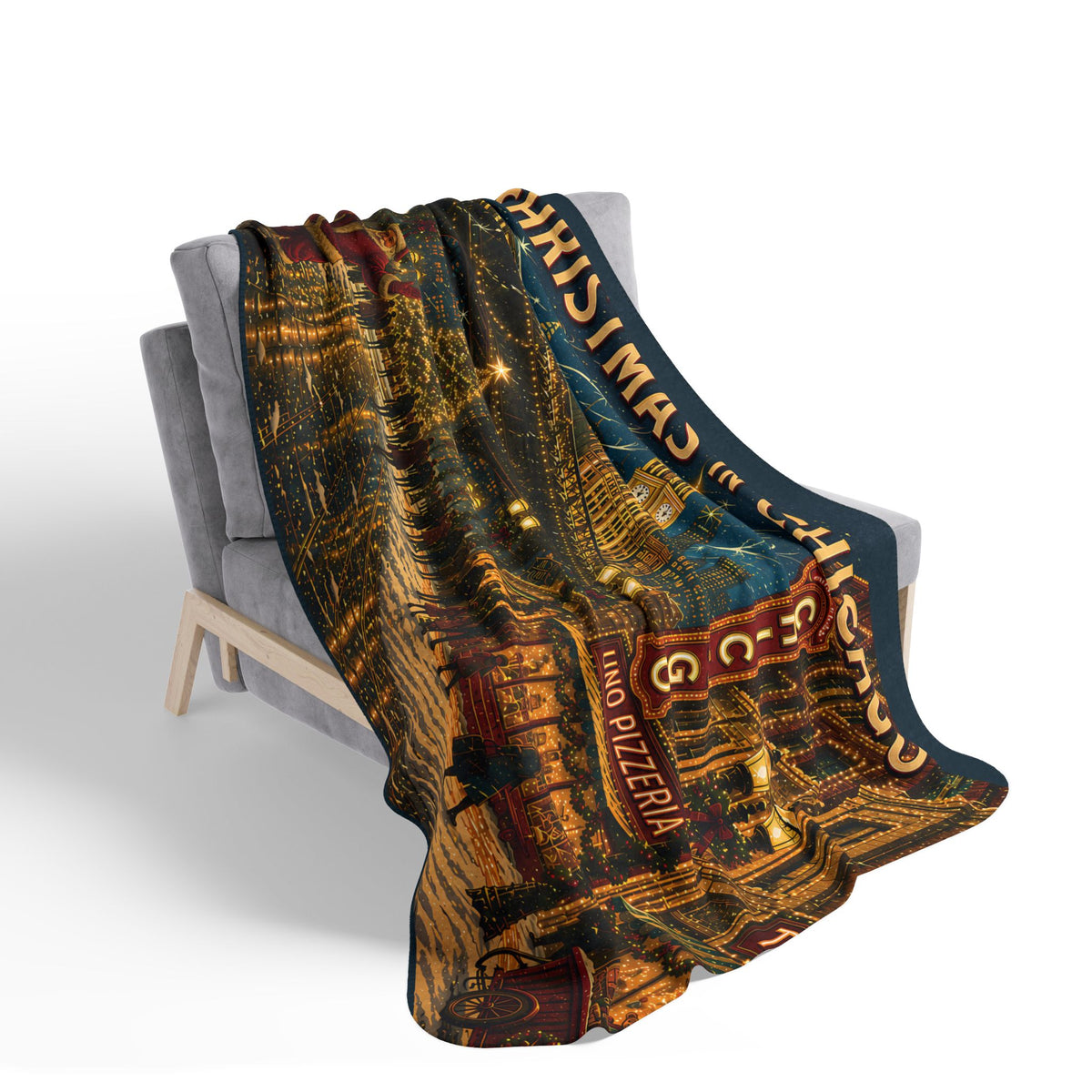 Christmas in Chicago Sherpa Blanket — Vintage Holiday Cityscape Throw
