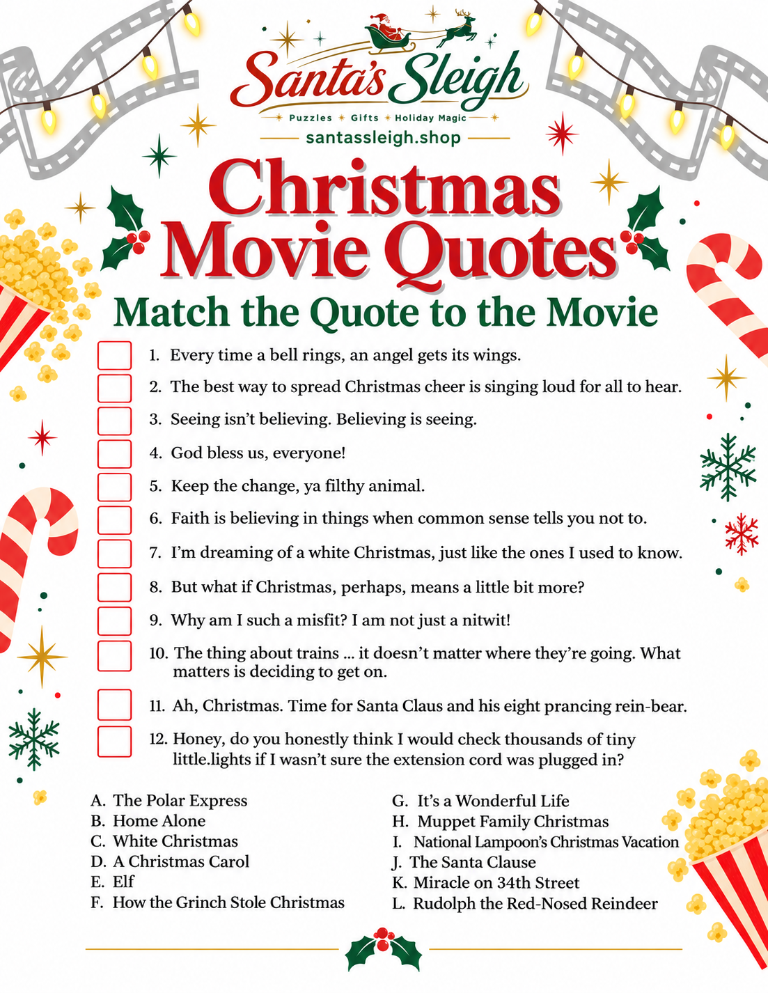 Christmas Movie Quotes Game I Free Download with Purchase