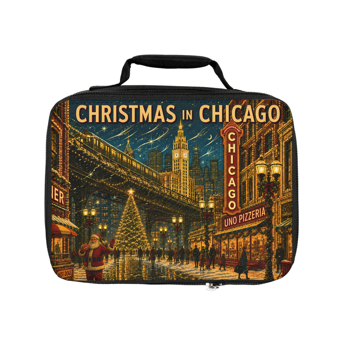 Retro Christmas in Chicago Lunch Bag | Vintage Holiday Cityscape