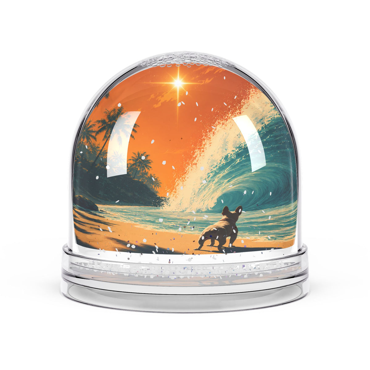 Christmas Star Surf Dog Snow Globe | Surf Sunset Miniature Scene