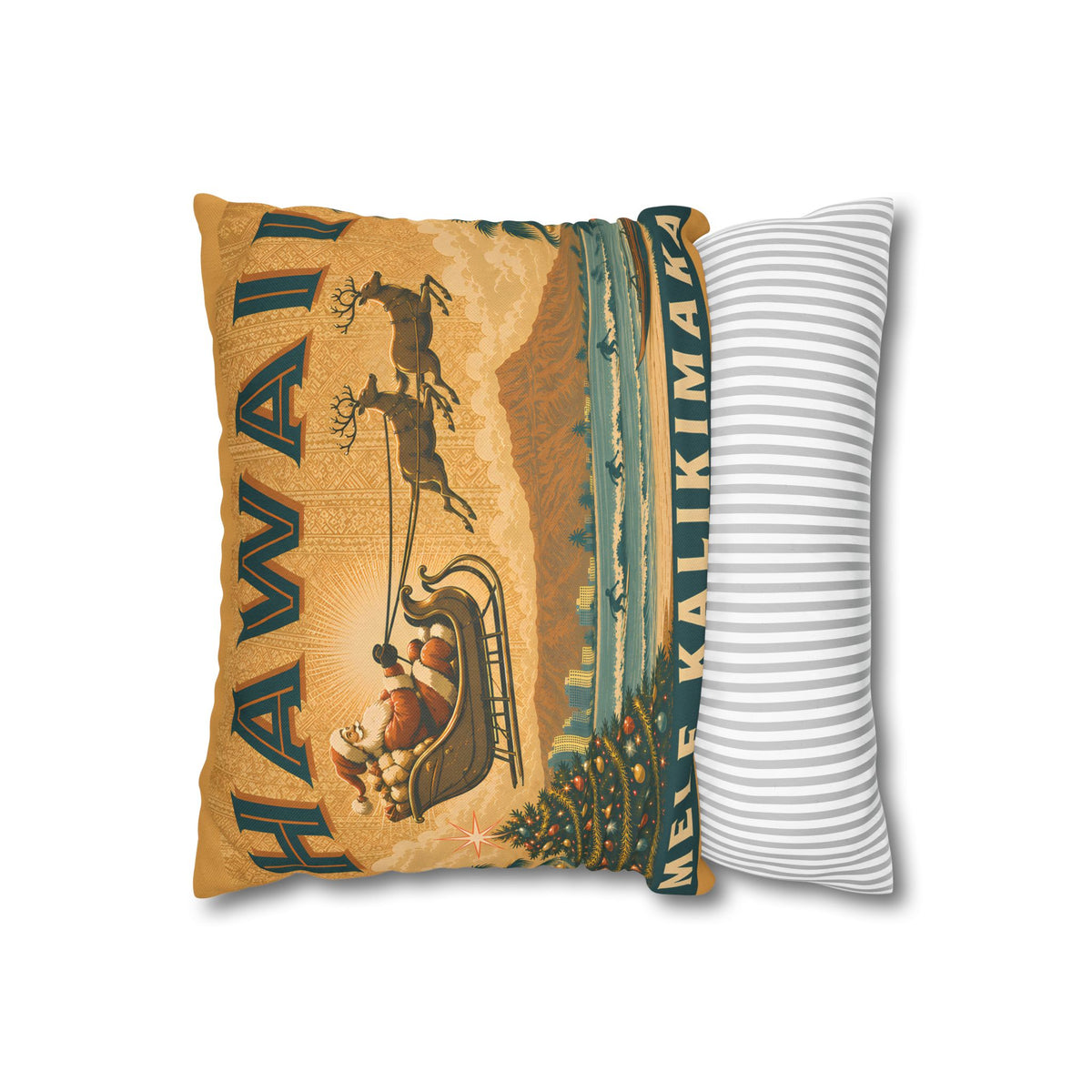 Hawaii Mele Kalikimaka Christmas Pillowcase — Tropical Santa Surf Vintage Throw Pillow