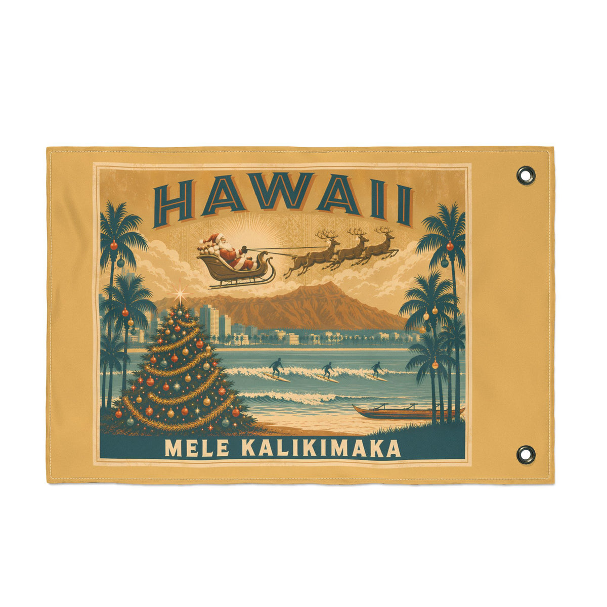 Hawaii Mele Kalikimaka Vintage Beach Scene Flag | Double-sided outdoor holiday decor