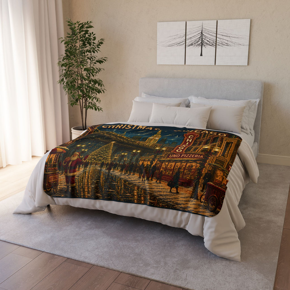 Christmas in Chicago Sherpa Blanket — Vintage Holiday Cityscape Throw