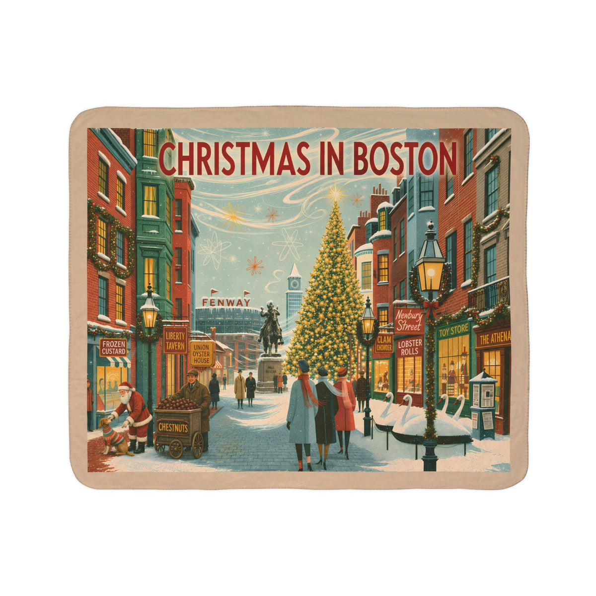 Christmas in Boston Sherpa Blanket  | Vintage Boston Holiday Fleece Throw