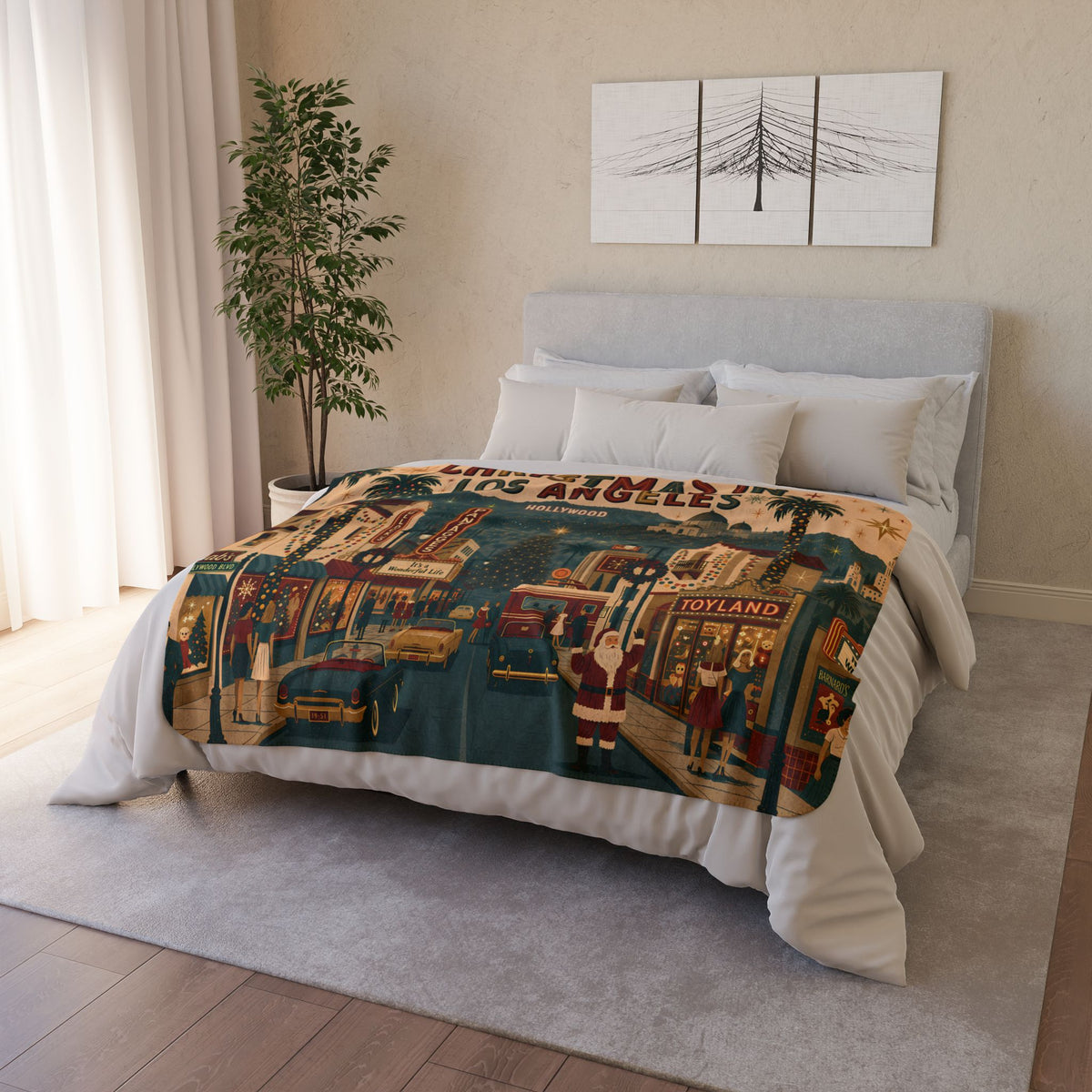 Christmas in Los Angeles Fleece Sherpa Blanket — Retro Holiday LA Scenic Throw