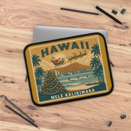 Hawaii Mele Kalikimaka Christmas Surf Scene Laptop Sleeve | Retro Island Holiday