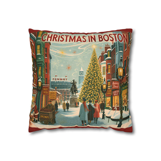 Christmas in Boston Decorative Pillowcase — Vintage Holiday Street Scene