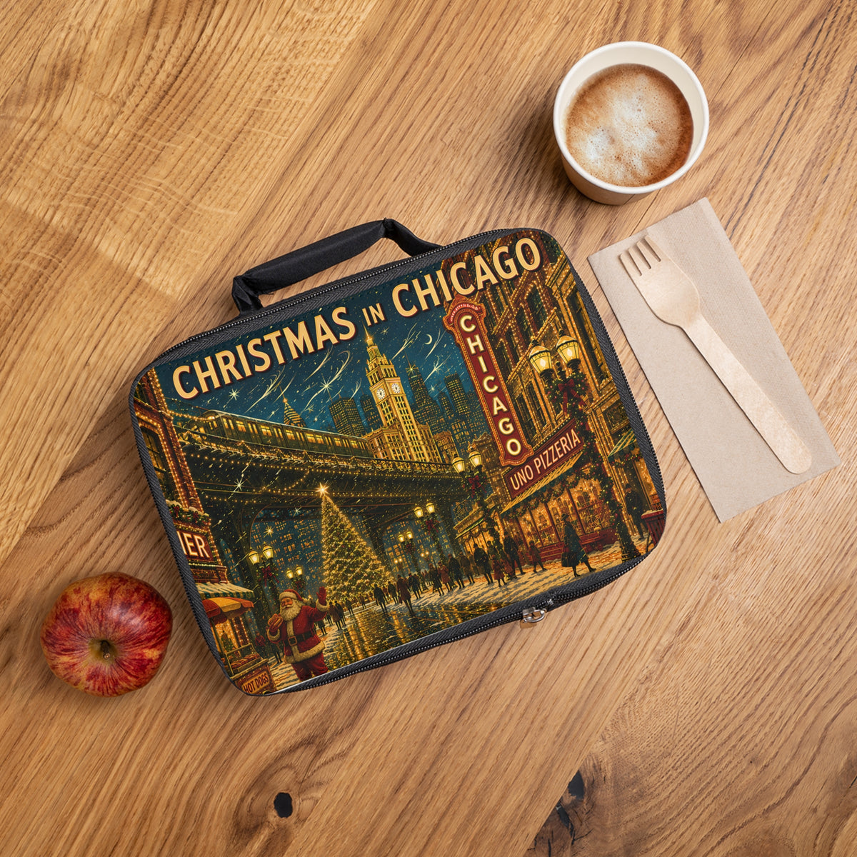 Retro Christmas in Chicago Lunch Bag | Vintage Holiday Cityscape