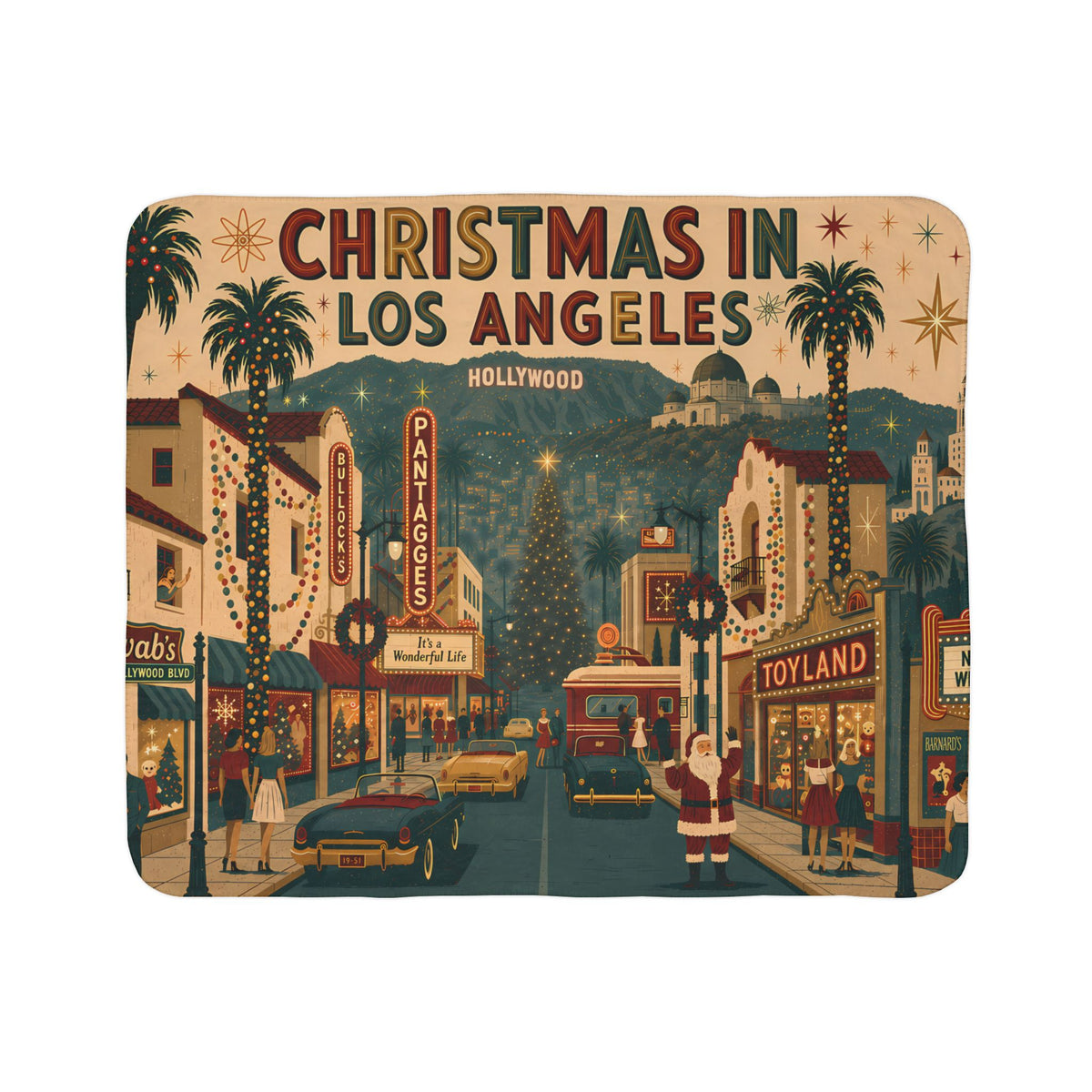 Christmas in Los Angeles Fleece Sherpa Blanket — Retro Holiday LA Scenic Throw