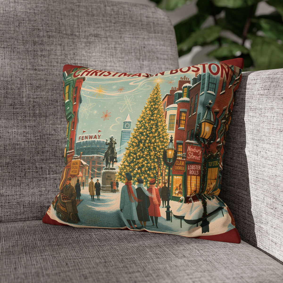 Christmas in Boston Decorative Pillowcase — Vintage Holiday Street Scene