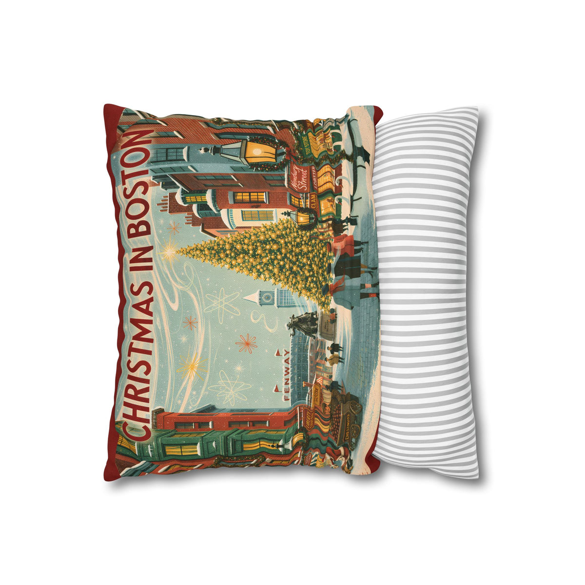 Christmas in Boston Decorative Pillowcase — Vintage Holiday Street Scene