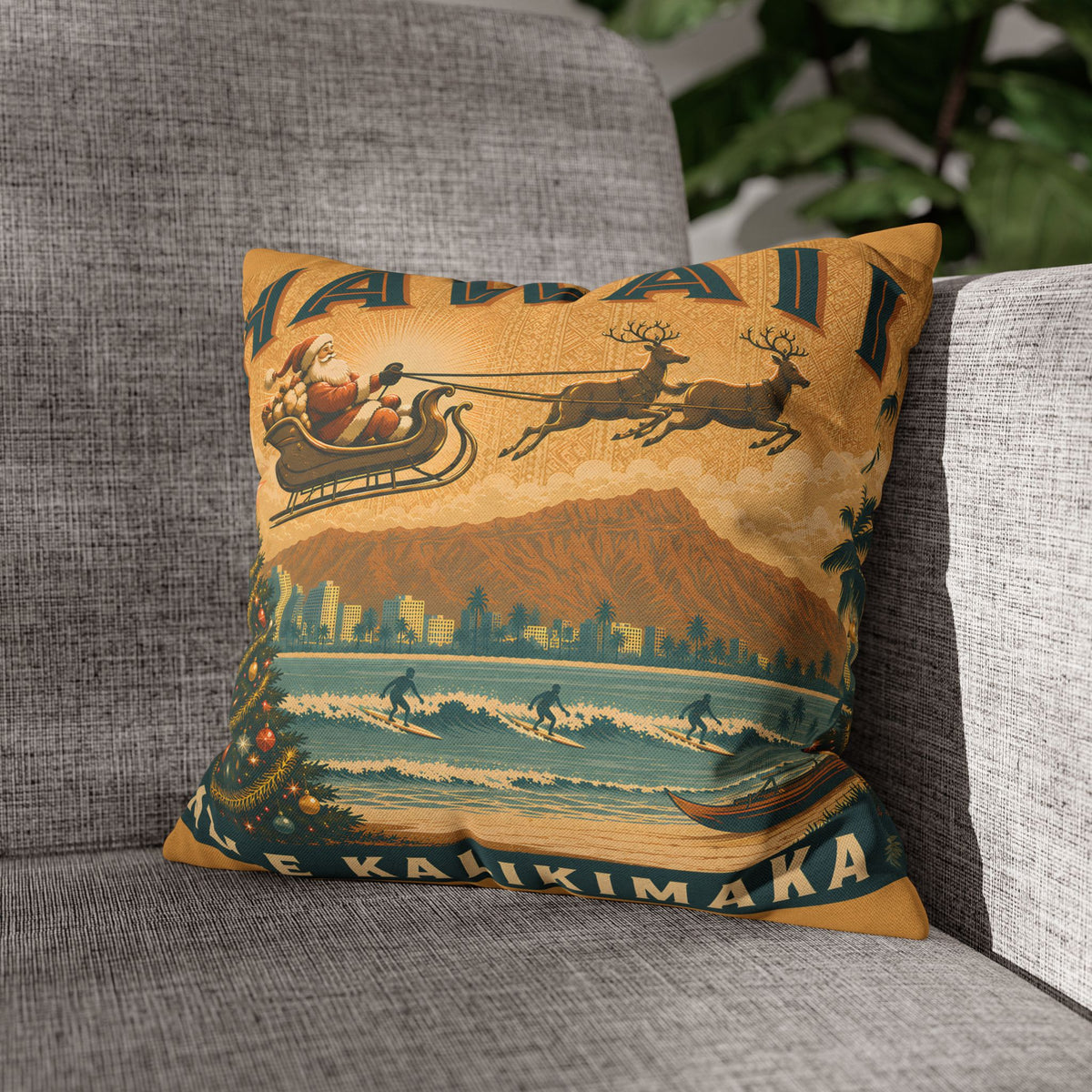 Hawaii Mele Kalikimaka Christmas Pillowcase — Tropical Santa Surf Vintage Throw Pillow