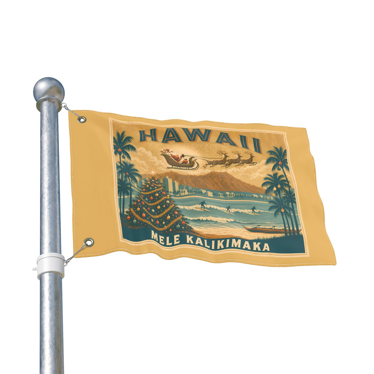 Hawaii Mele Kalikimaka Vintage Beach Scene Flag | Double-sided outdoor holiday decor