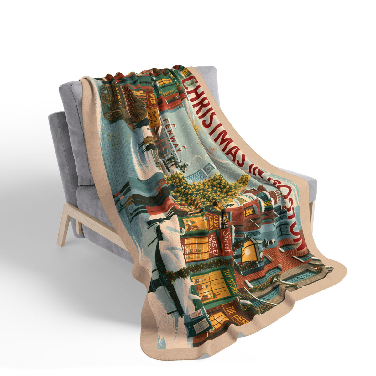 Christmas in Boston Sherpa Blanket  | Vintage Boston Holiday Fleece Throw