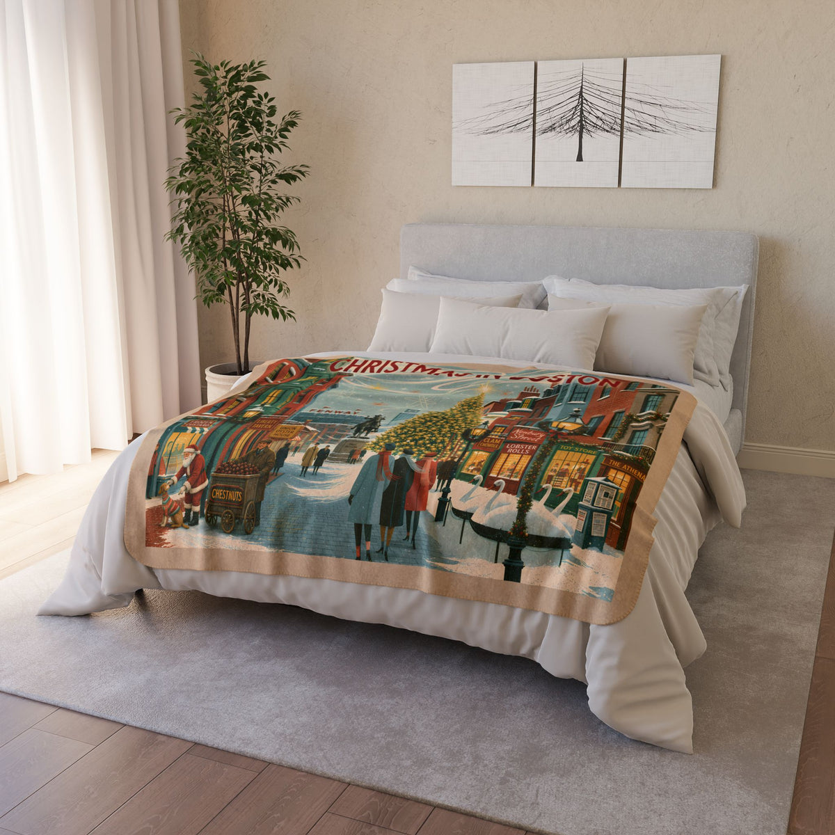 Christmas in Boston Sherpa Blanket  | Vintage Boston Holiday Fleece Throw