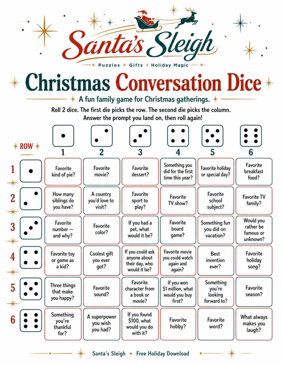 Christmas Conversation Dice Game